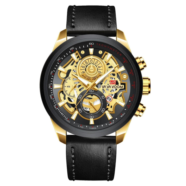 VAVA VOOM 2311P-JH1 Black Gold Shell Belt Men Waterproof Sports Luminous Calendar Casual Quartz Hollow Watch - Sport Watches by VAVA VOOM | Online Shopping UK | buy2fix