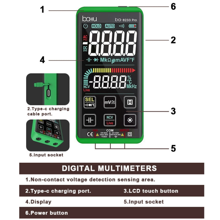 BAKU BA-8233 Pro Electric Maintenance Resistor Current Touch Screen Digital Mulitmeter(Green) - Consumer Electronics by BAKU | Online Shopping UK | buy2fix