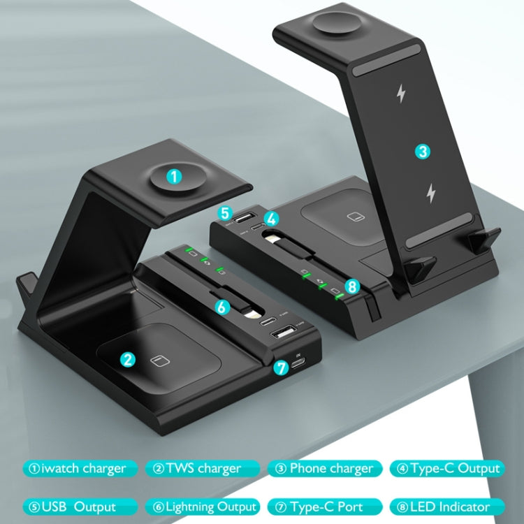 Z252 6-In-1 Wireless Charging Stand Dock With USB-C/Type-C Port & 8 Pin Charge Cable(Grey) - Wireless Charger by buy2fix | Online Shopping UK | buy2fix