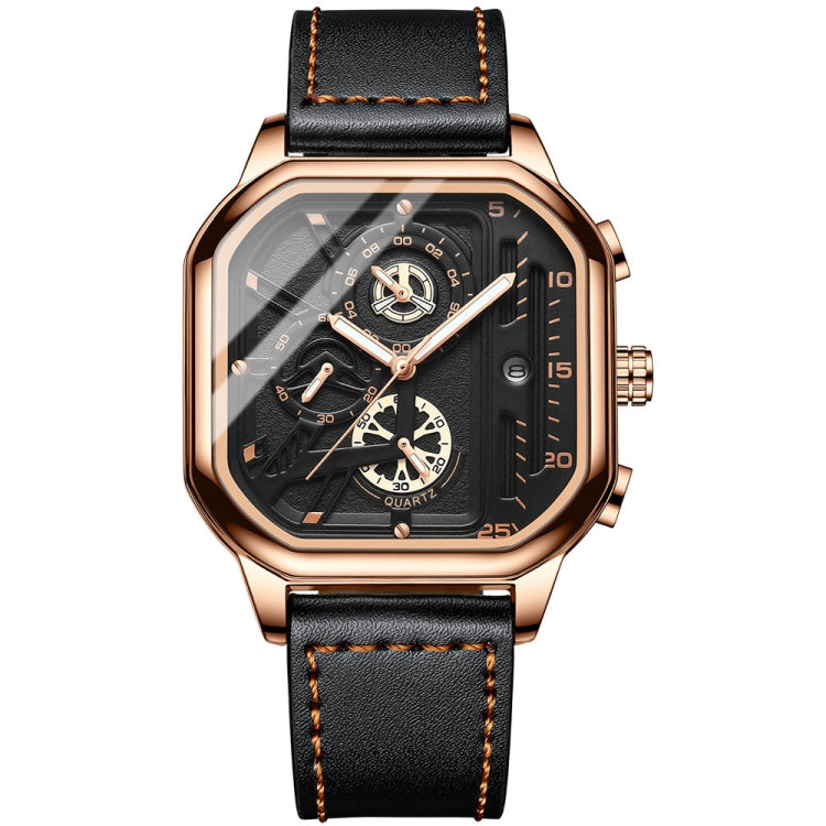 BINBOND B6577 30M Waterproof Luminous Square Quartz Watch, Color: Black Leather-Rose Gold - Leather Strap Watches by BINBOND | Online Shopping UK | buy2fix