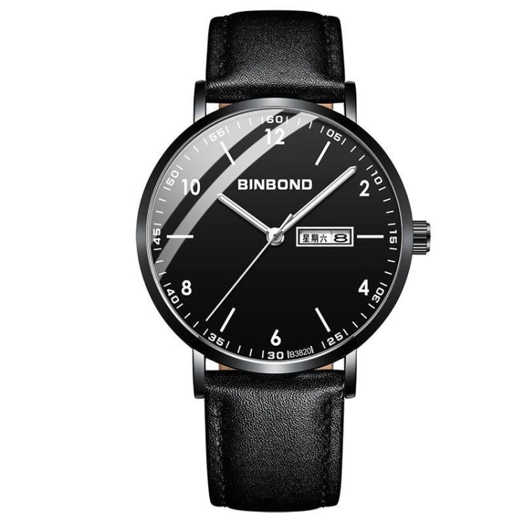 BINBOND B3820 30M Waterproof Ultra-thin Quartz Luminous Starry Watch, Color: Black Leather-Black-Black - Metal Strap Watches by BINBOND | Online Shopping UK | buy2fix