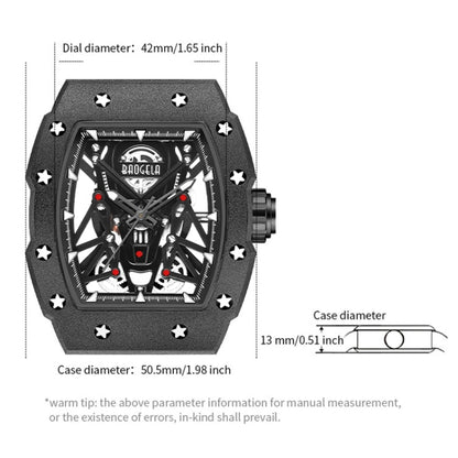 BAOGELA 224145 Barrel Skeleton Waterproof Sports Stainless Steel Silicone Men Watch(Black Shell Red Belt) - Silicone Strap Watches by BAOGELA | Online Shopping UK | buy2fix