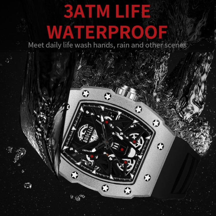 BAOGELA 224145 Barrel Skeleton Waterproof Sports Stainless Steel Silicone Men Watch(Steel Shell Black Belt) - Silicone Strap Watches by BAOGELA | Online Shopping UK | buy2fix