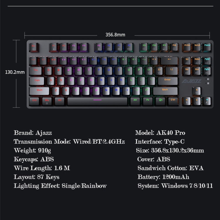 Ajazz AK40pro 87 Keys Bluetooth/Wireless/Wired Three Mode Game Office Mechanical Keyboard Blue Light Tea Shaft (White) - Wireless Keyboard by Ajazz | Online Shopping UK | buy2fix