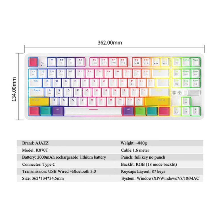 Ajazz K870T 87-Key RGB Office Game Phone Tablet Bluetooth/Wired Dual-Mode Mechanical Keyboard Tea Shaft (White) - Wired Keyboard by Ajazz | Online Shopping UK | buy2fix