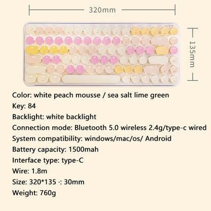 Ajazz K840T 84-Key Wireless/Bluetooth/Wired Three-Mode Round Key Punk Keycap Mechanical Keyboard Green Shaft (White Peach Mousse) - Wireless Keyboard by Ajazz | Online Shopping UK | buy2fix