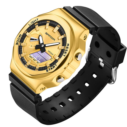 SANDA Octagonal Oak Hand Lamp Waterproof Sports Alarm Clock Men Watch(Black Gold) - Silicone Strap Watches by SANDA | Online Shopping UK | buy2fix