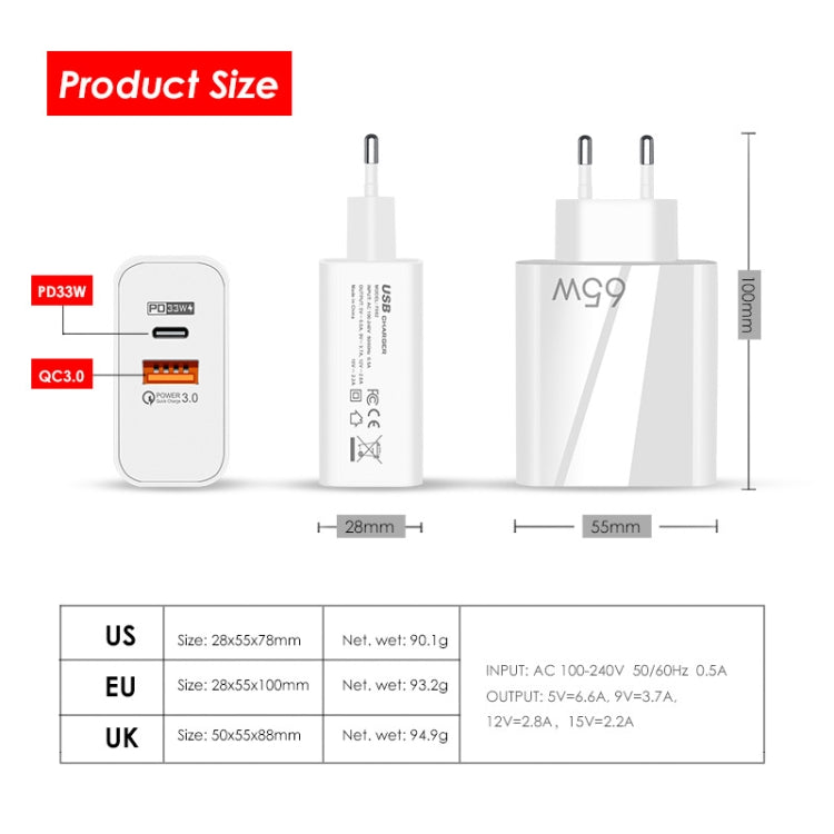 A502 65W USB-C/Type-C+USB Dual Port GaN Charger QC3.0 Laptop Universal Charger EU Plug Black - USB Charger by buy2fix | Online Shopping UK | buy2fix