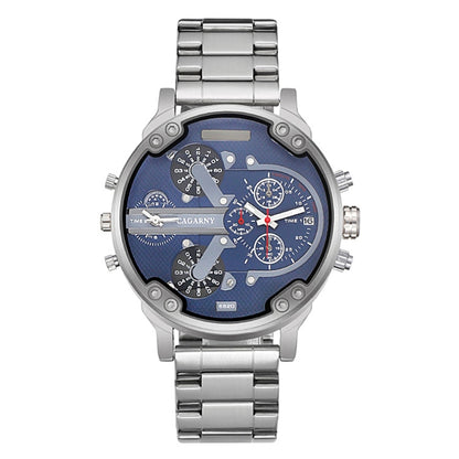 CAGARNY 6820 Fashionable Business Style Large Dial Dual Time Zone Quar0tz Movement Wrist Watch with Stainless Steel Band & Calendar Function for Men(Silver Band Blue Window) - Metal Strap Watches by CAGARNY | Online Shopping UK | buy2fix