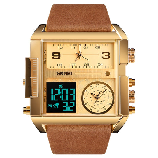 SKMEI 1391 Multifunctional Men Business Digital Watch 30m Waterproof Square Dial Wrist Watch with Leather Watchband(Gold) - Leather Strap Watches by SKMEI | Online Shopping UK | buy2fix